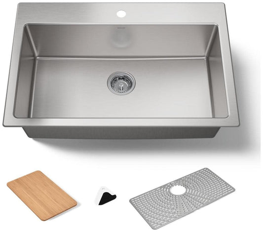 Kohler Bentham 33" Undermount/Drop-In Single-Bowl Kitchen Sink, Stainless Steel with Accessories