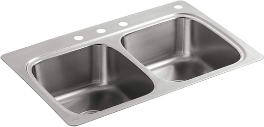 Kohler Verse 33" Top-Mount Double-Bowl Kitchen Sink with 4 Faucet Holes, Stainless Steel