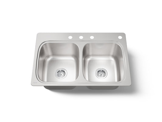 Kohler Verse 33" Top-Mount Double-Bowl Kitchen Sink with 4 Faucet Holes, Stainless Steel