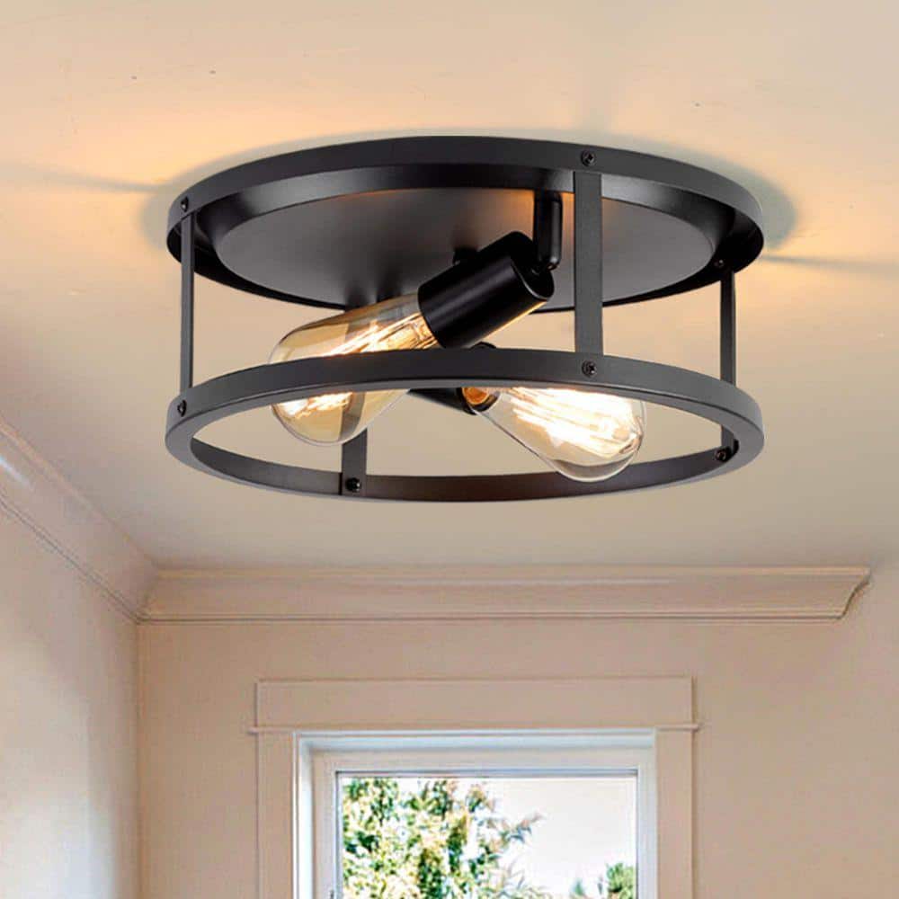 GMGSROM 12.7 in. 2-Light Farmhouse Flush Mount Ceiling Light, Black