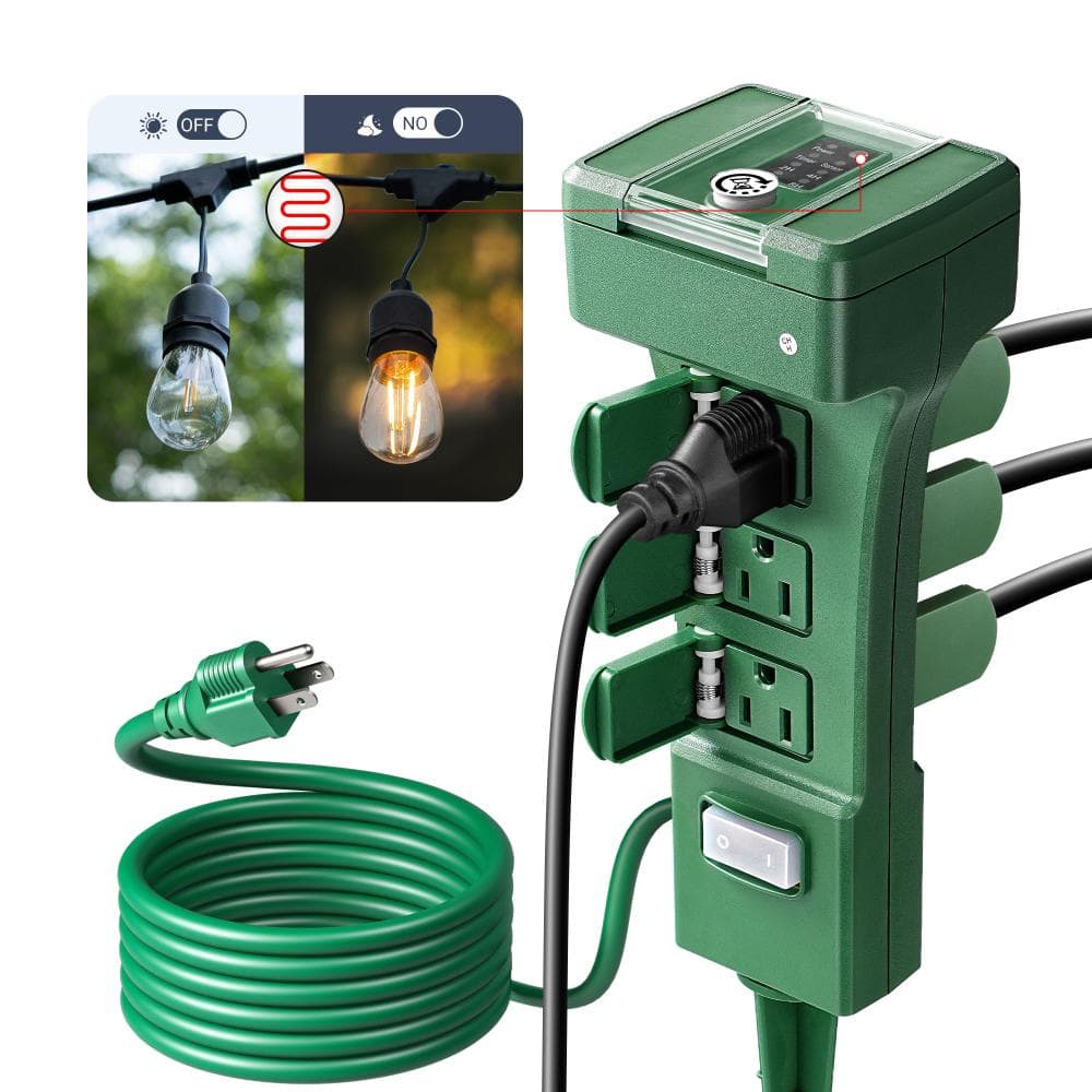 DEWENWILS Outdoor Power Stake Timer with Photocell, 6 Grounded Outlets, 6 ft. Cord, Dusk to Dawn