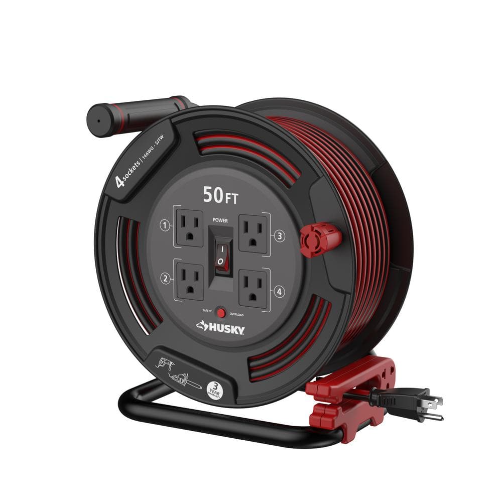 Husky 50 ft. 14/3 13-Amp Retractable Extension Cord Reel with 4 Grounded Outlets, Black
