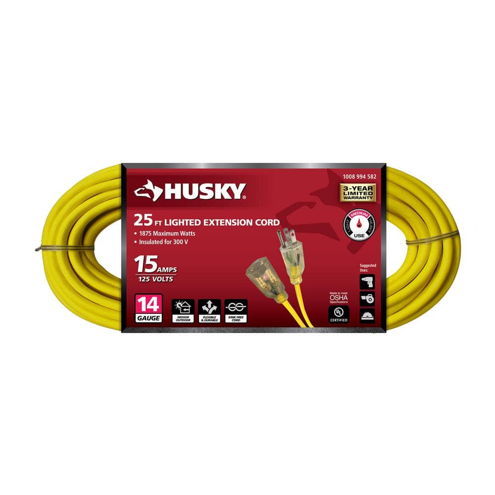 Husky 25 ft. 14/3 Medium Duty Indoor/Outdoor Extension Cord with Lighted End, Yellow