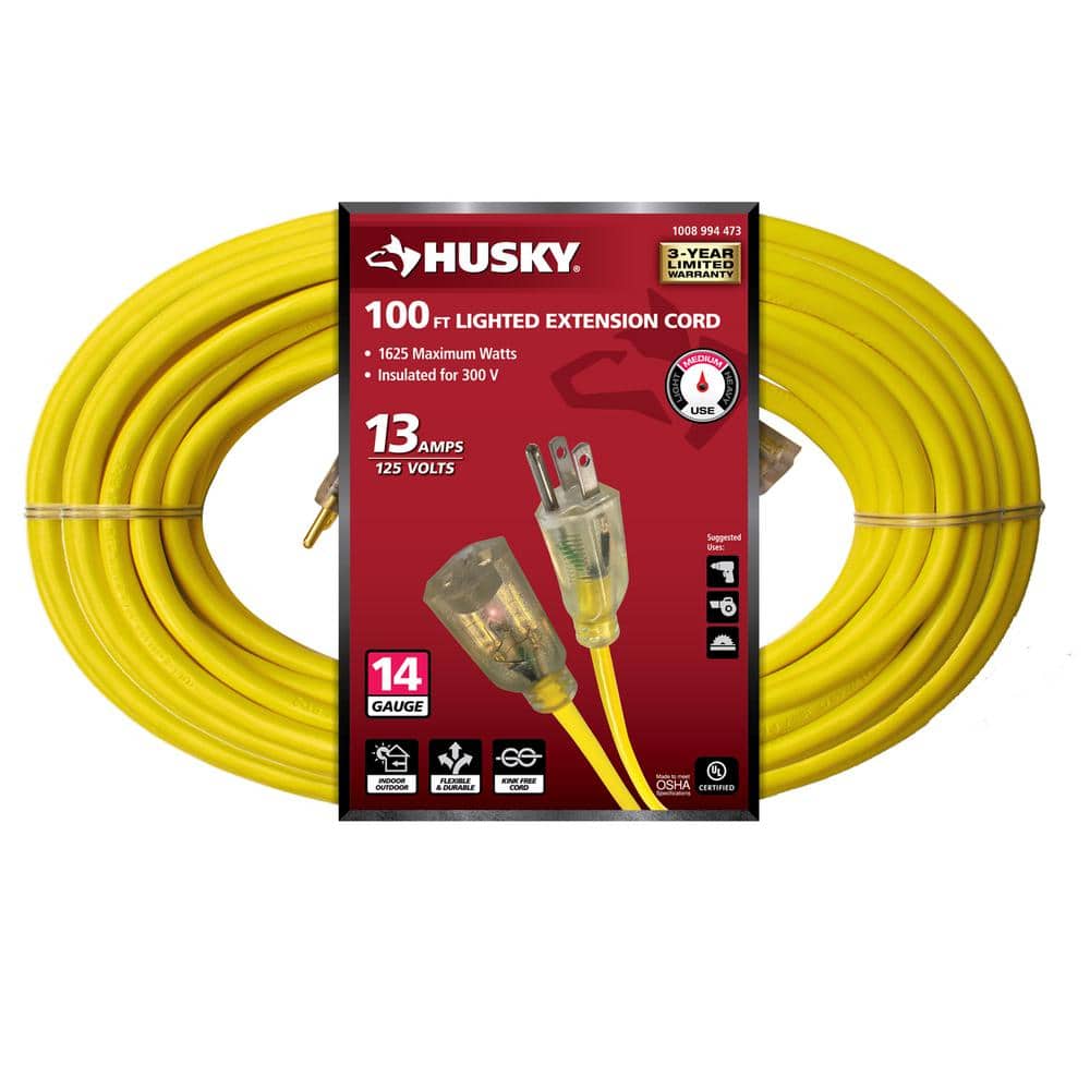 Husky 100 ft. 14/3 Medium-Duty Indoor/Outdoor Extension Cord with Lighted End, Yellow
