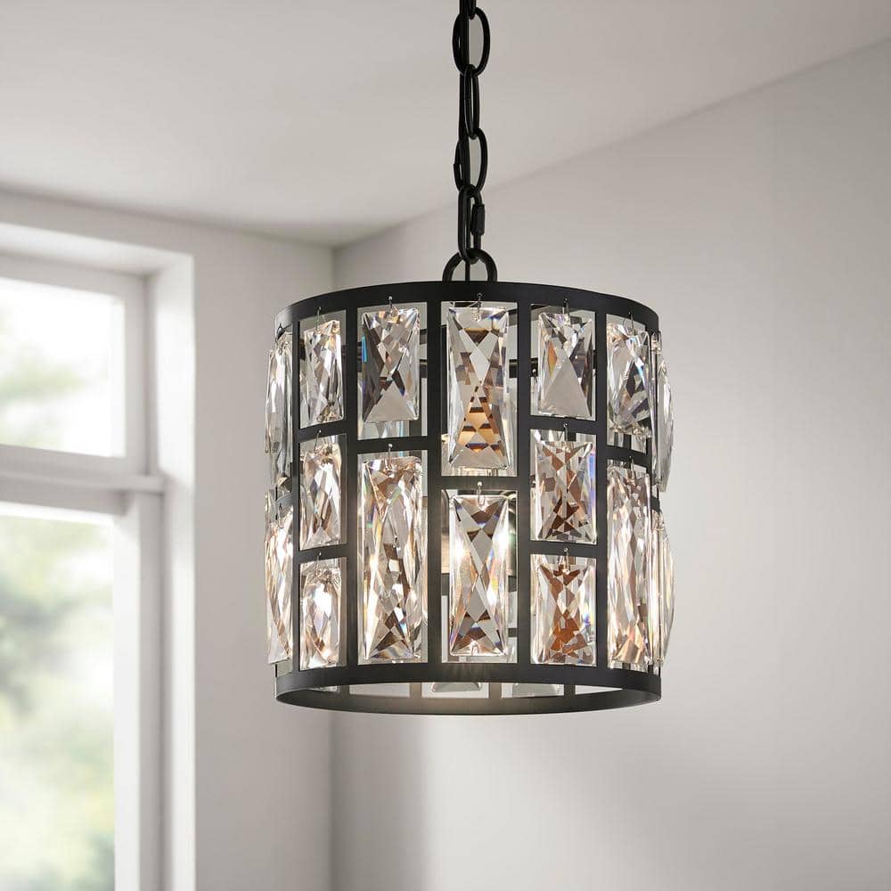 Home Decorators Collection Kristella 1-Light Matte Black Pendant with Clear Crystal Shade