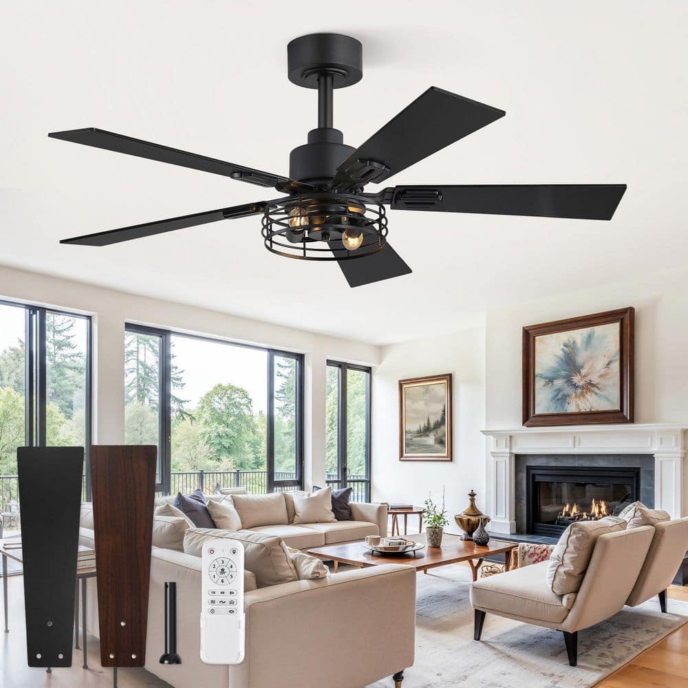42 in. Indoor Black Farmhouse Downrod Ceiling Fan with Light and Remote, 5 Dual-Finish Blades