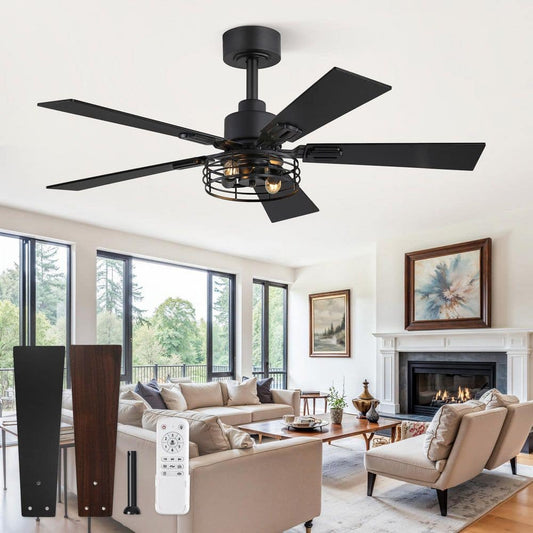 42 in. Indoor Black Farmhouse Downrod Ceiling Fan with Light and Remote, 5 Dual-Finish Blades