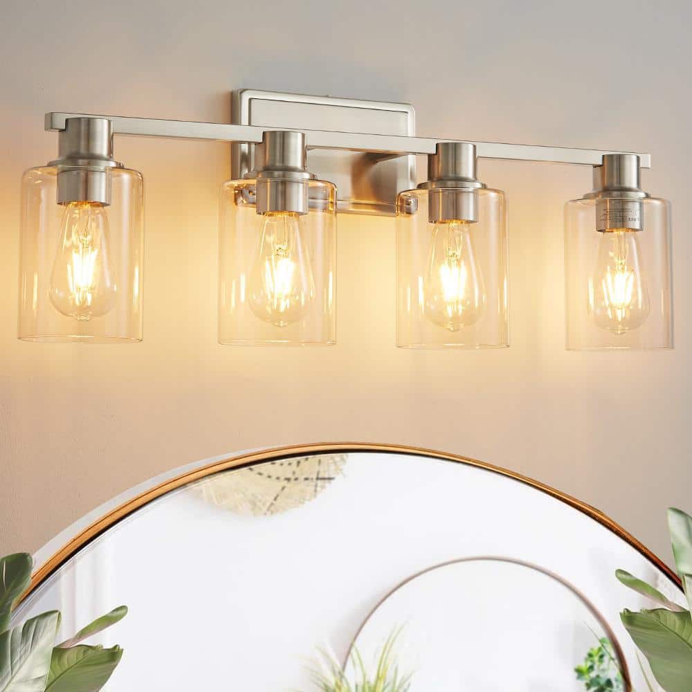 Farmhouse 27.36 in. 4-Light Nickel Modern Industrial Vanity Light with Clear Glass Shades