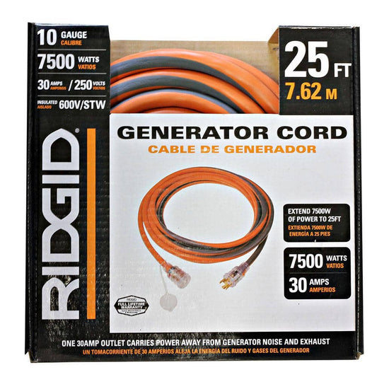 RIDGID 25 ft. 10/4 Heavy-Duty Outdoor L14-30 Amp Generator Extension Cord with Lighted End