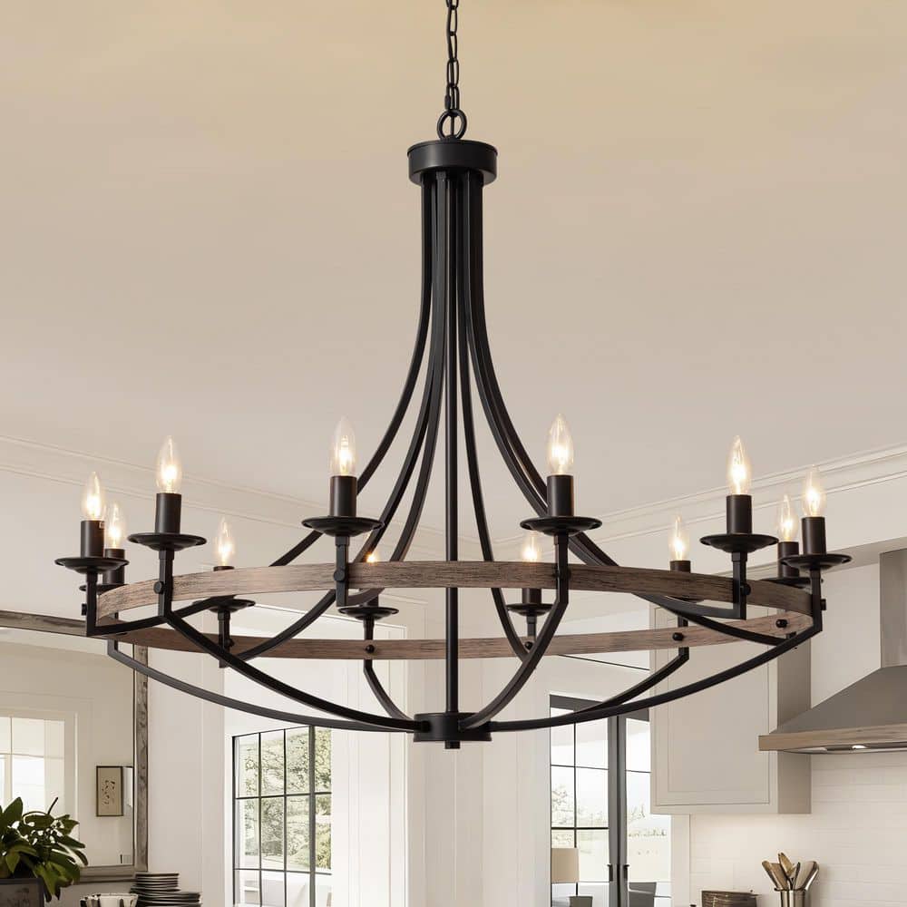WDETR 12-Light Black Candle Style Dimmable Wagon Wheel Chandelier