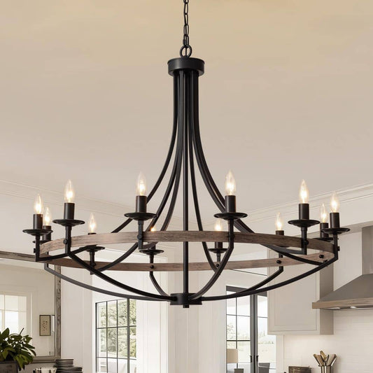 WDETR 12-Light Black Candle Style Dimmable Wagon Wheel Chandelier