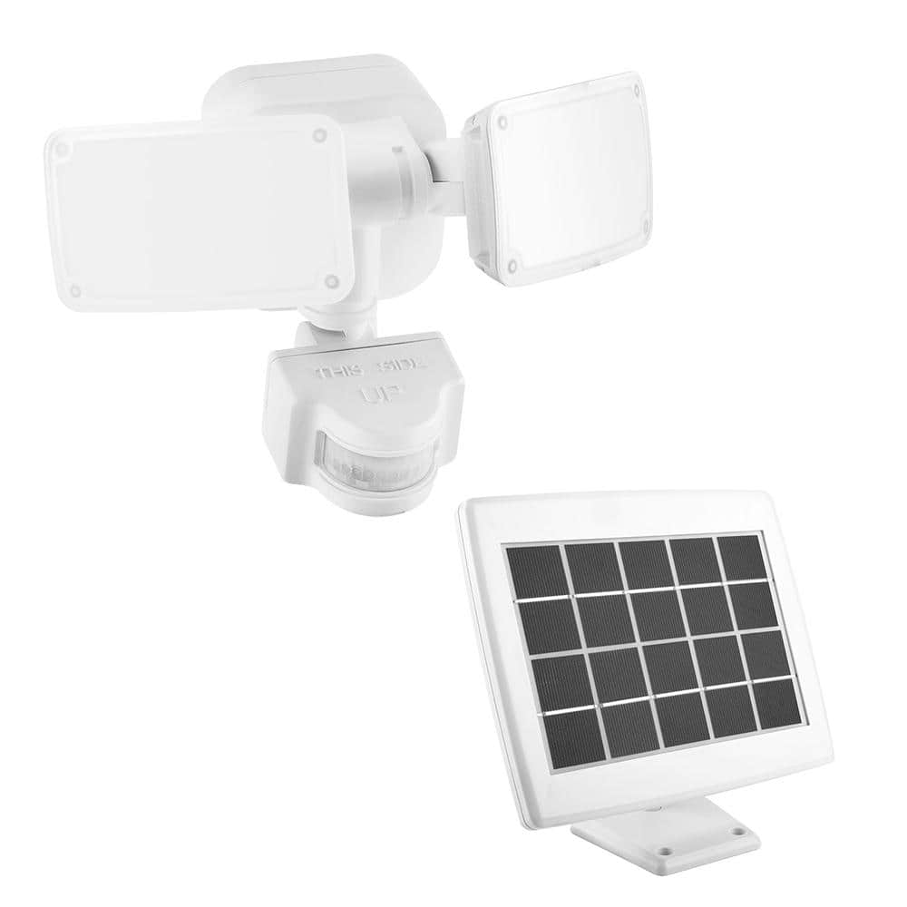 Defiant 180 Deg. White Solar Powered Outdoor 2-Head LED Security Flood Light, 1000 Lumens