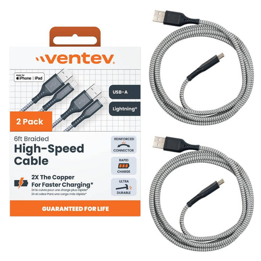 Ventev Braided Cables USB-A to Apple Lightning 6 ft. (2-Pack)