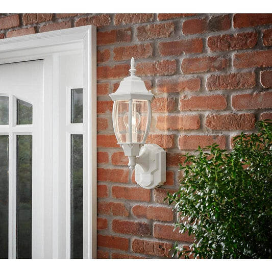Hampton Bay Alexandria 17.3 in. 1-Light Matte White 180-Degree Motion Sensing Dusk-to-Dawn Outdoor Wall Lantern
